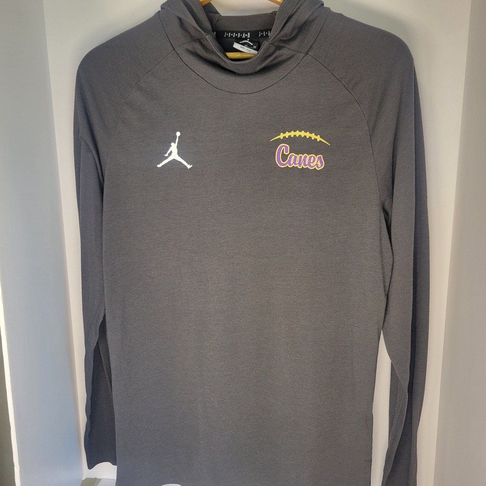 Jordan Dri-FIT Canes Football Hooded Long Sleeve Shirt Mens Medium Gray RN56323